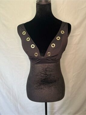 Michael Kors Black Grommet Plunge Bikini Top Gold Eyelet V-Neck Swim Small Pet